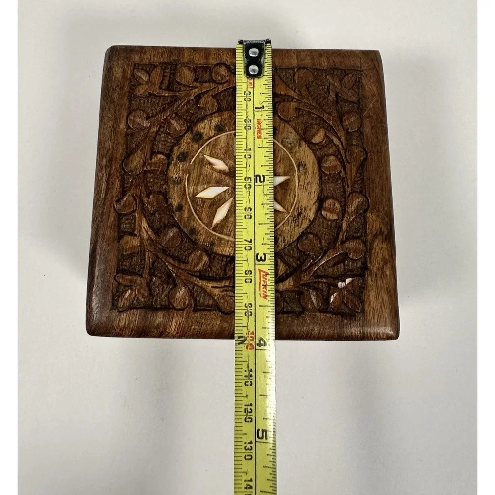 Carved Wood Trinket Jewelry Box Square Inlay Floral Made in India 4